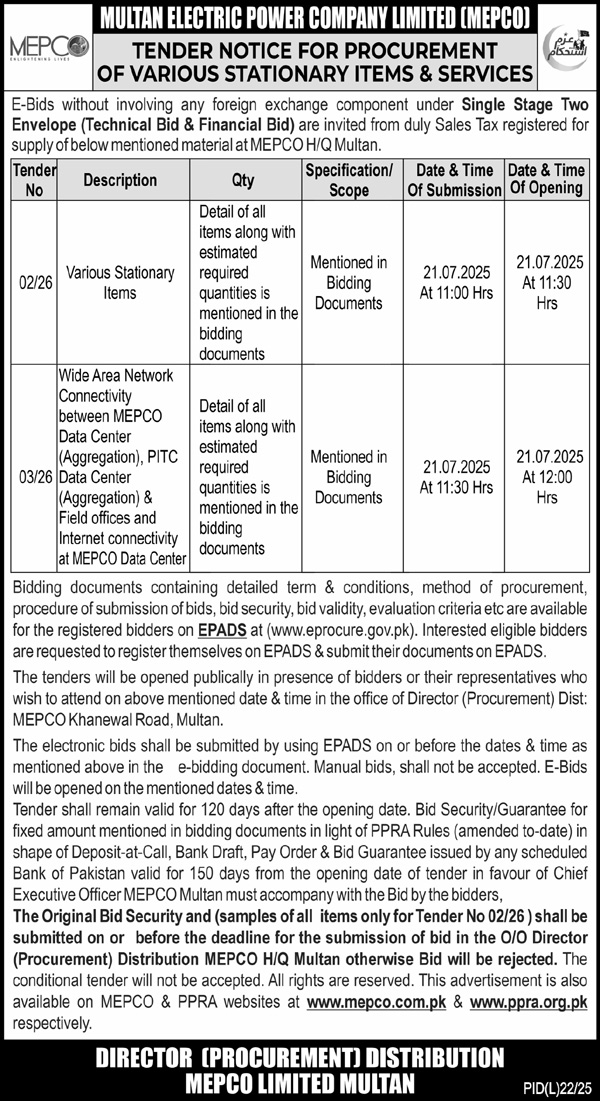 Multan Electric Power Company Limited Multan Tender Notice